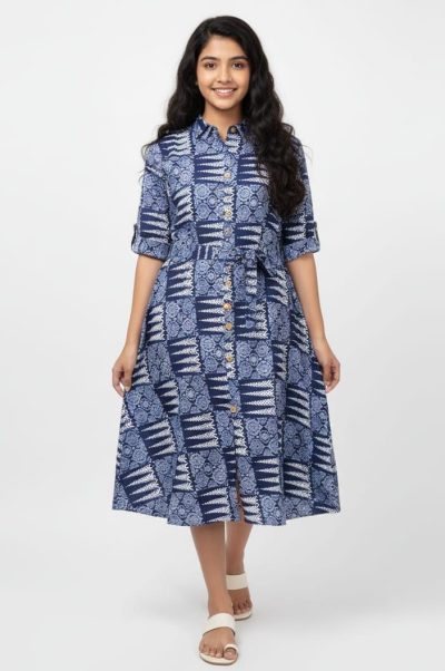 Geometric Handblock Printed Cotton A-Line Dress